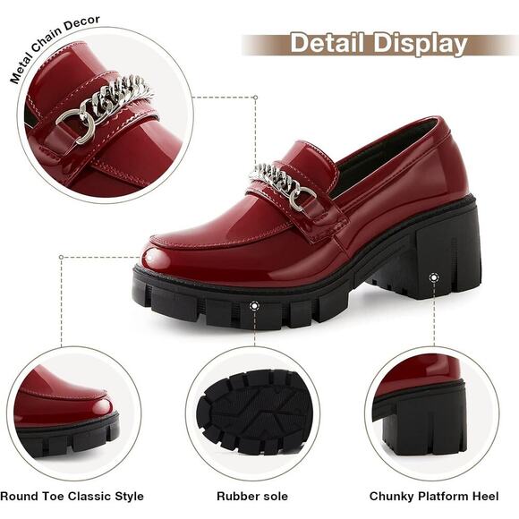 Women's Oxford Platform Shoes Chain Loafers & Slip-On Chunky Heel Wine SZ 9 - Picture 2 of 5